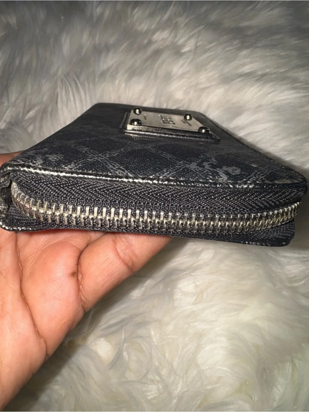 L.A.M.B. Black and Silver Monogram Zip Wallet